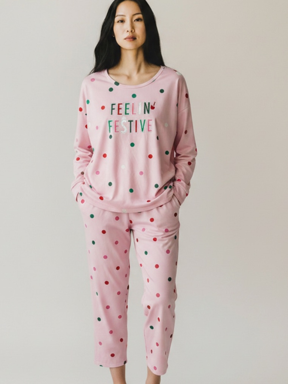 Womens Pink 'Feelin' Festive' Polka Dot Pajama Set